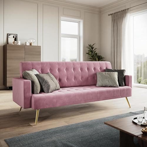 Image of ELEGANT 3 Seater Pink Velvet Sofa Bed, Modern Click Clack Luxury Sofas Settee Recliner Couch with Square Armrest and Rose Gold Finish Legs, Lounge Compact Sofa for Living Room, Home Office, Apartment