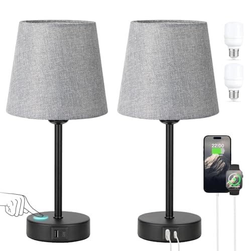 Image of Aooshine Grey Touch Bedside Lamps Set of 2, 3 Way Dimmable Table Lamps for Bedroom, Black Base, Grey Linen Shade(Bulbs Included)