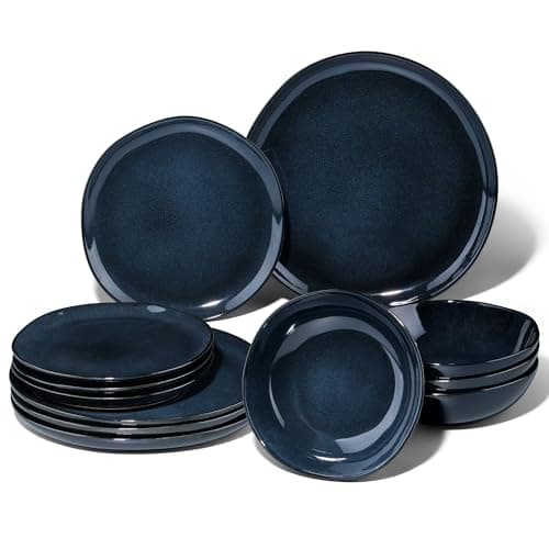 Image of Joyfair Dinner Set, 12 Pieces Stoneware Dinnerware Set Service for 4, Reactive Glaze Irregular Shape Plates and Bowls, Chip & Scratch Resistant, Microwave & Dishwasher Safe, Nebulas Blue