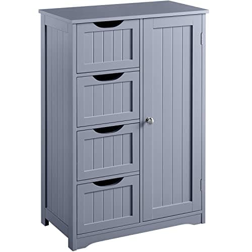 Image of Yaheetech Bathroom Floor Cabinet Cupboard Free Standing Wooden Cabinet Storage Unit with 4 Drawers & 1 Door, Adjustable Shelf, Grey