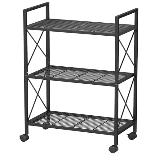 Image of SONGMICS 3-Tier Metal Shelving Unit on Wheels, Mesh Storage Rack with X Side Frames, 32 x 60 x 85.5 cm, for Hallway, Kitchen, Living Room, Bathroom, Industrial Style, Ink Black BSC163B01