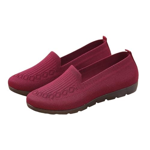 Image of UK 6 Women's Knitted Flat Shoes Extra Wide Eee Fit Lightweight Comfortable Loafers Women Footwear Slip on Casual Breathable Mesh Walking Shoes Low-Top Round Toe Trainers A0_Red Clearance