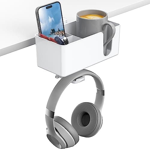 Image of KDD 4-in-1 Desk Organizer - Under Desk Cup Holder and Headphone Hanger with 2 Wire Holes - Rotating Hanger and Detachable Storage for Cup, Phone and Pen (White)