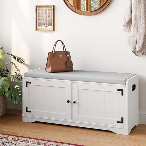 Image of DSNAPE 2-Tier Shoe Storage Bench, 100cm Shoe Bench with Padded Seat Cushion, Entryway Bench with Handles, 2 Doors, Adjustable Shelf for Living Room, Bedroom, Front Door, Hallway, Closet - White