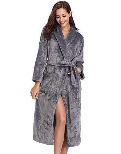 Image of Vlazom Women Dressing Gown, Flannel Soft Robe Cosy Bathrobes Fluffy Warm Housecoat for Cold Winter, Dark Grey, L(UK16-18)