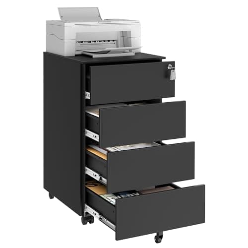 Image of SONGMICS Mobile File Cabinet, Lockable, with 4 Drawers, Hold Documents, Stationery, Pre-Assembled, for Office, Home Office, 39 x 45 x 69.3 cm, Ink Black OFC064B16