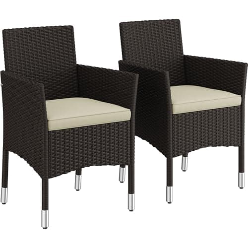 Image of Yaheetech Rattan Garden Chairs Set of 2, Outdoor Garden Armchairs with Cushions, Armrests, High Backrest, Handwoven Rattan for Patio, Garden, Balcony, Brown/Beige