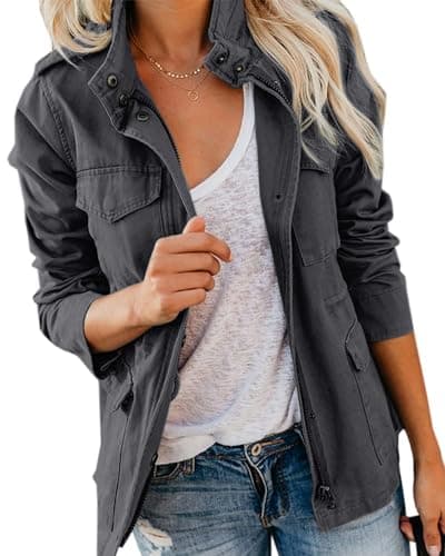 Image of Imily Bela Womens Jacket Ladies Utility Jacket Stand-Up Collar Parka Lightweight with Multiple Pockets Autumn(Dark Grey, XXL)