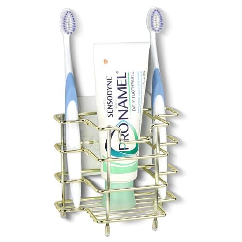 Image of Linkidea Wall Mount/Countertop Toothbrush Holder for Shower, Stainless Steel Toothpaste Stand, 3 Slots Organizer Compatible with Colgate Extra Clean, Oral-B CrossAction (Gold)