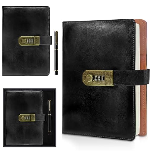 Image of AMFUN A5 Password Journal with Lock, 200 Pages with Pen and Gift Box Set, PU Leather Lockable Diary Notebook, 8.6 x 5.8 in, Ideal for Daily Journaling, Work, School, Men, Women & Students-Black
