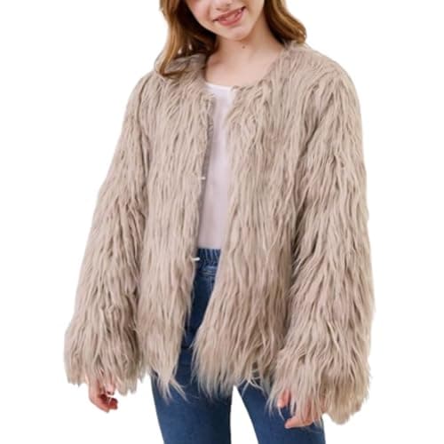 Image of Girls Faux Fur Jacket Fluffy Fuzzy Fleece Long Sleeve Thick Toddler Winter Coat Kids Heavy Y2K Warm Christmas Clothes (Khaki, 9-10 Years)
