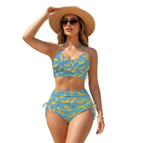 Image of Biyejit Banana Pattern Womens Swimsuits 2 Pcs High Waisted Swimsuits Crisscross Tie Back Swimwear Drawstring Bathing Suits Beach Wear Tops for Party, Vacation, Pool XS-3XL
