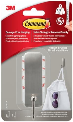 Image of Command Medium Brushed Nickel Hook - 1 Hook, 2 Adhesive Strips - Hang Jackets, Purses, Handbags, Backpacks, Hats, Scarves, Dog Leads - Organise Damage Free
