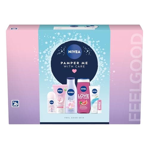 Image of NIVEA Pamper Me With Care Gift Set (6 Products), Women's Gift Set with Shower Gel, Moisturising Cream, Body Lotion, Lip Balm, Anti-Perspirant Roll-On, and Cream Wash