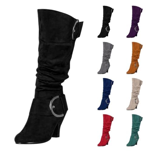 Image of Momolaa Women's Knee High Boots SIZE 6 Slouchy Boot Mid Calf Kitten Heel Long Boots Winter Shoes Slouchy Faux Leather Knee High Boots Slip on High Heel Boots Thigh High Boots Black