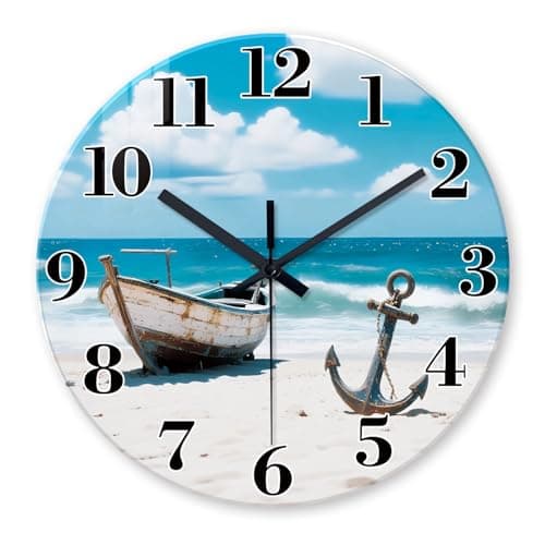 Image of Analog Blue Beach Wall Clocks Battery Operated 12 Inch Coastal Wall Clocks for Living Room Decor Round Modern Silent Wall Clock Non Ticking