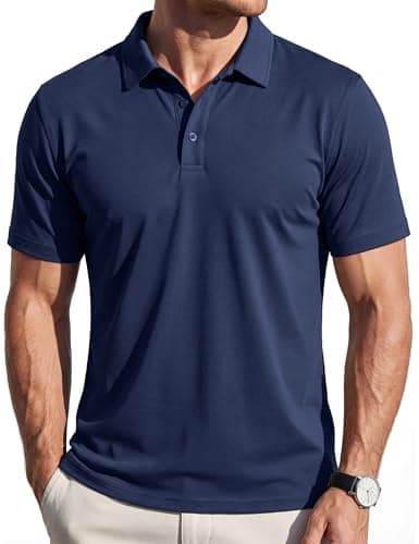 Image of EKLENTSON Men's Polo Golf Shirt Short Sleeve Cotton Classic Shirts 3 Button Summer Comfort Fit Stretch Casual T-Shirt Navy