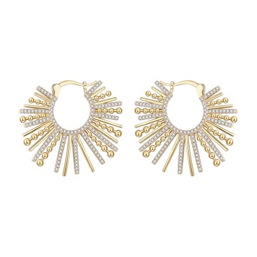 Image of EVER FAITH Sunburst Statement Hoop Earrings, Sparkly Cubic Zirconia CZ Hinged Hoops Earring Huggie Style Earrings Wedding Prom Party Jewellery for Women 14K Gold Plated