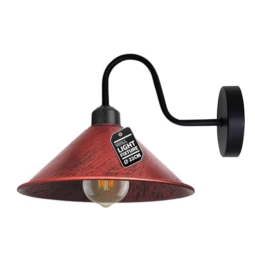 Image of LEDSone Rustic Red Wall Light – Vintage Industrial Metal Cone Shade Goose Neck Wall Lamp with E27 Bulb for Bedroom, Living Room, Hallway, Kitchen, Cafe, Restaurant