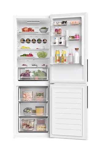 Image of HOCE3T618EWKR 60/40 Frost Free Fridge Freezer 59.5cm Freestanding 341L Capacity E Rated White with Adjustable Shelves, Salad Crisper & LED Lighting