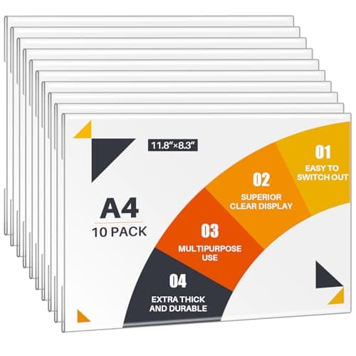 Image of WenYa A4 Acrylic Frame Wall Sign Holder (Landscape, 10-Pack) - Frameless Self-Adhesive Wall Poster Display Frame for Office, Store, Restaurant - No Drilling Needed, Clear Document Holder