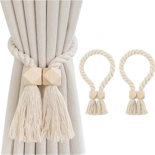 Image of Magnetic Curtain TieBacks,2 Pcs Modern Simple Style Tie Backs for Curtains Boho Braided Rope Holdbacks Curtain Drape Tie Drapery Holdbacks for Thin & Thick Home & Office Window Draperies (Beige)