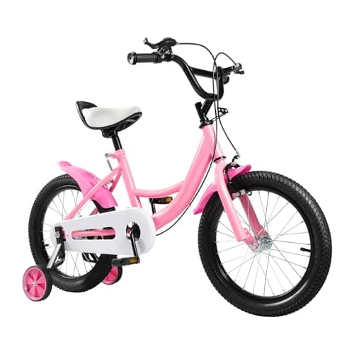 Image of 16 Inch Kids Bike with Training Wheels | For Boys & Girls Ages 5-8 | Dual Hand Brakes, Mudguards, Carbon Steel Frame Children's Bicycle (Pink)