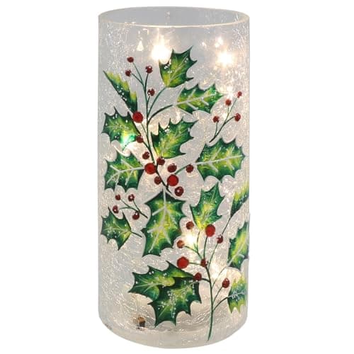 Image of Shudehill Giftware Xmas Crackle Glass LED Lights Holly Tube Battery Operated Festive Decoration (Height 20.5cm x Width 10cm x Depth 10cm)