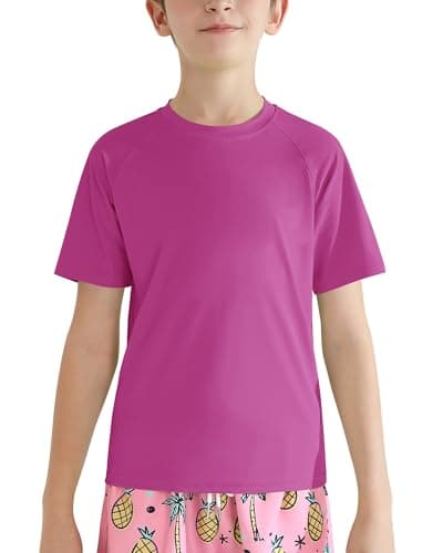 Image of Valcatch Boy's Girls UPF 50+ Rash Guard Swim Shirts Kids Teens Quick Dry Athletic Short Sleeve T Shirt UV Fishing Surfing Water Beach Tops Running Workout Gym Active Tee Shirt Hot Pink