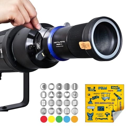 Image of Bowens Mount Optical Snoot Spotlight Kit 100SLENS-PLUS for Aputure Amaran 60D/100D/150C/300C, 600X Pro, Ray 660C, Godox SL60 – 33° Wide / 16° Tele Lens, 300W LED, 20 Gobos & 5 Color Filters