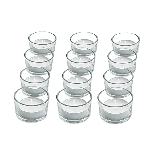 Image of ZENO Clear Glass Tealight Candle Holders Set - 12 Pack | 5.25cm Diameter and 3.25cm Height | For Home Décor, Weddings, Parties and Table Settings