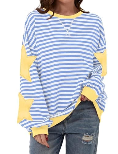 Image of TERIVEEK Women Oversized Striped Color Block Long Sleeve Crew Neck Sweatshirt Casual Loose Pullover Y2K Shirt Top, Blue White Star, S