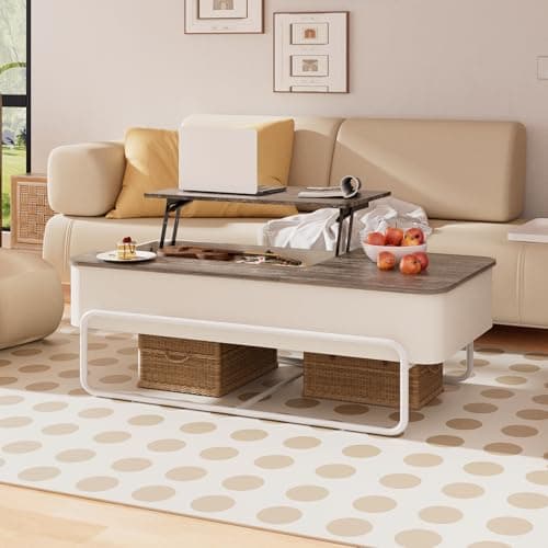 Image of PURFINO Lift Top Coffee Table - 3-Partition Industrial Tables, Pull-Out Drawer, Stable Metal Frame & Hidden Storage, Centre Table for Living Room, Small Space, Home Office