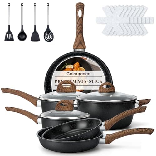 Image of Colourcoco Pots and Pans Sets - 20 Pieces Non Stick Saucepan Set Includes Frying Pans, Saucepans, Stockpot, Pads & Utensils, Induction Hob Pan Set with Lids & Handles, Oven Safe, PFOS & PFOA Free