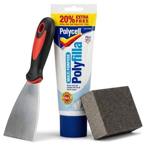 Image of Polycell Polyfilla Multi Purpose Ready Mixed Wall Filler 396g Tube with 3" Professional Scraper & Flexible Sanding Block — Complete Wall Repair Kit