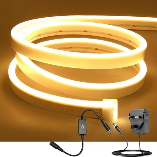Image of ShineBurky Warm White LED Strip Light, 5M Neon Rope Lights with Plug and Dimmer, 12V Waterproof Cuttable Flexible Silicone Light Kit for Kitchen Under Cabinet Bedroom TV Backlight Mirror Outdoor Decor