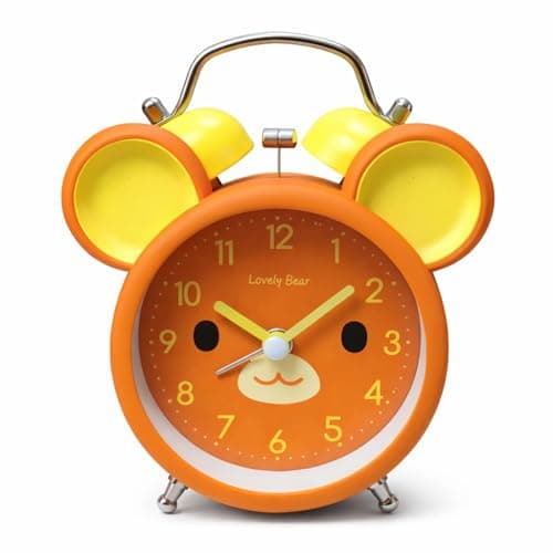 Image of JRose Collections Kids Twin Bell Alarm Clock Bear Design Silent Quartz Metal Clock 12cm Night Light Loud Alarm Battery Operated Bedside Clock for Children Bedroom Orange Yellow JR2536 (Orange)