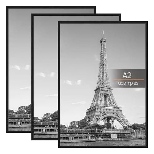 Image of upsimples 3 Pack A2 Picture Frame, A2 Black Picture Frame for Photo Gallery - Slide-In Strips, Horizontal or Vertical Wall Mounting