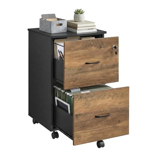 Image of VASAGLE 2-Drawer Locking File Cabinet, Rolling Printer Stand for Home Office, A4 Letter-Size Hanging Files, Assembly Required, Honey Brown and Ink Black LCD027B01