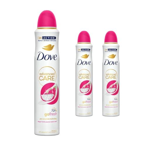Image of Dove Advanced Care Go Fresh Anti-Perspirant Aerosol Deodorant Spray for Women Dragonfruit & Coconut Cream, Pack of 3, 72 Hours Sweat Protection Pro-Ceramide Technology, 200 ml