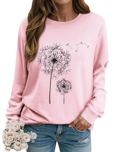 Image of Dresswel Women Dandelion Print Sweatshirt Crew Neck Long Sleeve Tops Basic Jumper Tunic Blouse Shirts(Light Pink, S)