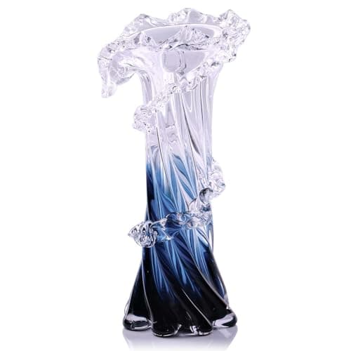 Image of 12" H Blue Blown Glass Vase, Modern Art Hand Blown Coastal Vase,Beautiful Unique Ocean Wave Centerpieces for Living Room, Bedroom, Office Desktop,Coffee Table and Wedding Decorative (L)
