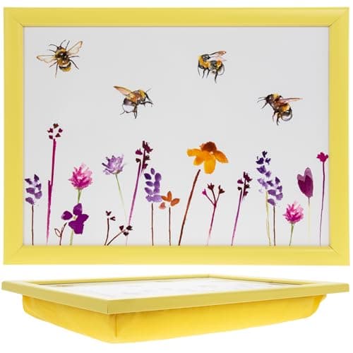 Image of The Leonardo Collection Water Colour Busy Bees Design Jennifer Rose Lap Tray For Food Serving & Breakfast | Comfortable Lap Trays With Bean Bag Cushion | Durable Lap Trays For Eating On Lap For Adults