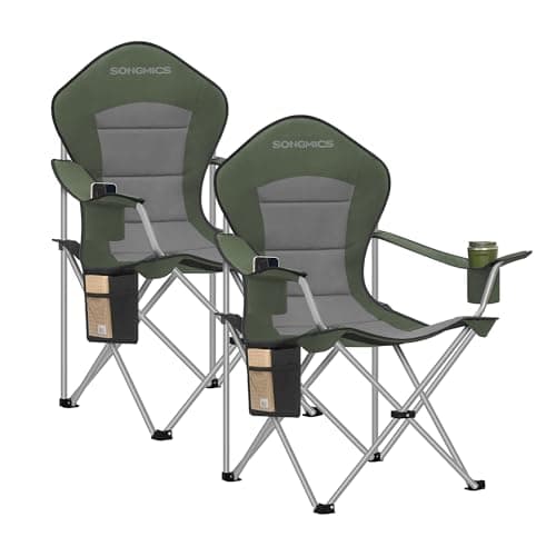 Image of SONGMICS Set of 2 Camping Chairs, Folding Outdoor Chairs with Wide Seat and High Back, Portable Garden Picnic Chairs with Cup Holder, Phone Holder and Side Pocket, Green and Grey GCB005CD01-2J