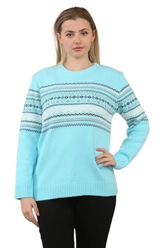 Image of STAR FASHION Fair Isle Knitted Jumpers for Women's Long Sleeve Crew Neck Sweater with Winter Pattern Pullover Ladies Isle Inspired Patterns Warm Knitwear Jumper Top Turquoise-ML