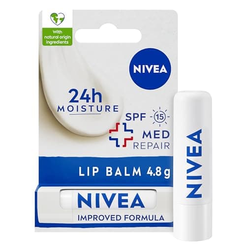 Image of NIVEA Repair & Care Lip Balm SPF 15 (4.8g), Lip Care with Natural Origin Ingredients, Shea Butter, and Vitamins, Relieves Chapped Lips with 24h Moisture
