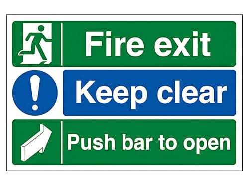 Image of The Workplace Depot Fire Exit ‘Push Bar to Open’ Safety Sign – 200 x 300 mm Rigid PVC or Self-Adhesive Vinyl, Landscape Door Header – For Offices, Warehouses & Schools (Vinyl (Self Adhesive))