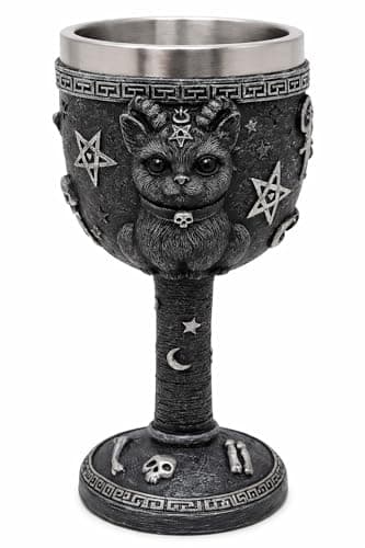 Image of JRose Collections Gothic Cat Chalice Goblet with Stainless Steel Insert – Resin Fantasy Drink Cup with Occult Symbols – 250ml Decorative Goblet for Gothic Home Décor
