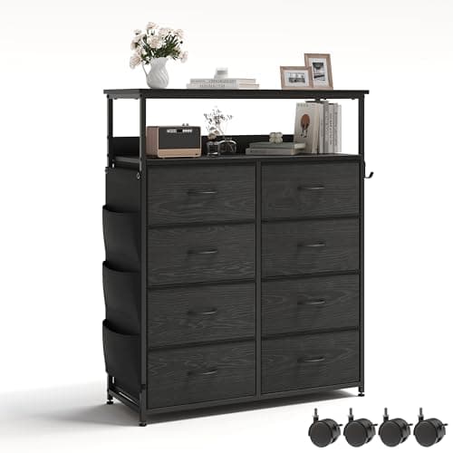 Image of APICIZON Chest of Drawers, Chest of 8 Drawers Bedroom, Black Tall Chest of Drawers, Large Storage Drawers Unit with Two-Tier Top Shelves, for Bedrooms, Dressing Rooms, Include Both Feet Pads & Wheels