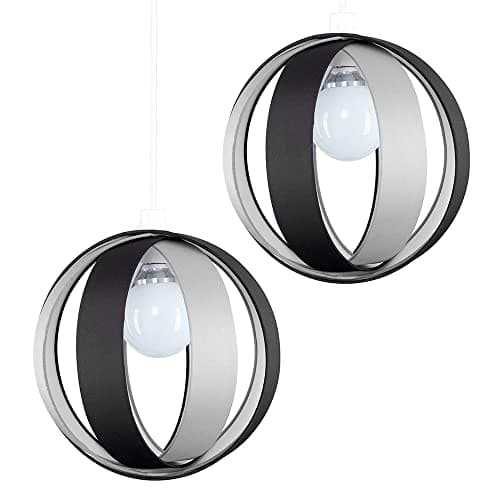 Image of MiniSun | Modern Black and Grey Fabric Cocoon Globe Style Ceiling Light Shades | Pendant Lights, Home Décor & Improvement Essential | Set of 2 | Includes 10W LED GLS Bulbs | 29cm Shade Width